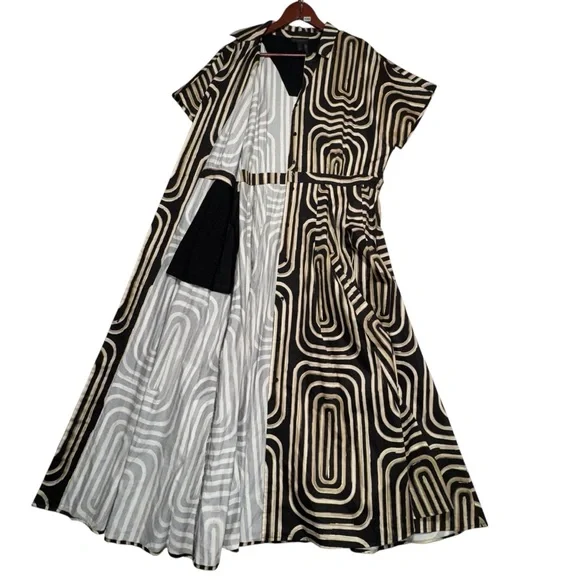 Donna Karan Black Cream Geometric Printed Midi Shirt Dress Buttons Down Size 16 - Picture 3 of 16